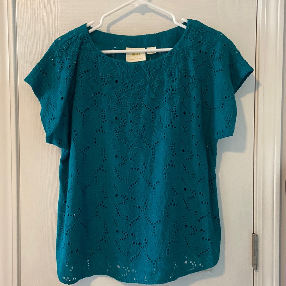 Maeve by Anthropologie teal beaded short sleeve top